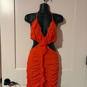 SHEIN Orange Ruffled Cutout Halter Dress